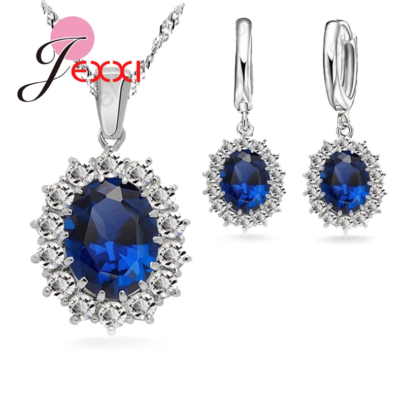 

Engagment Wedding Genuine 925 Sterling Silver 5A Blue Cubic Zirconia Pendant Necklace Earrings Woman Elegance Jewelry Sets
