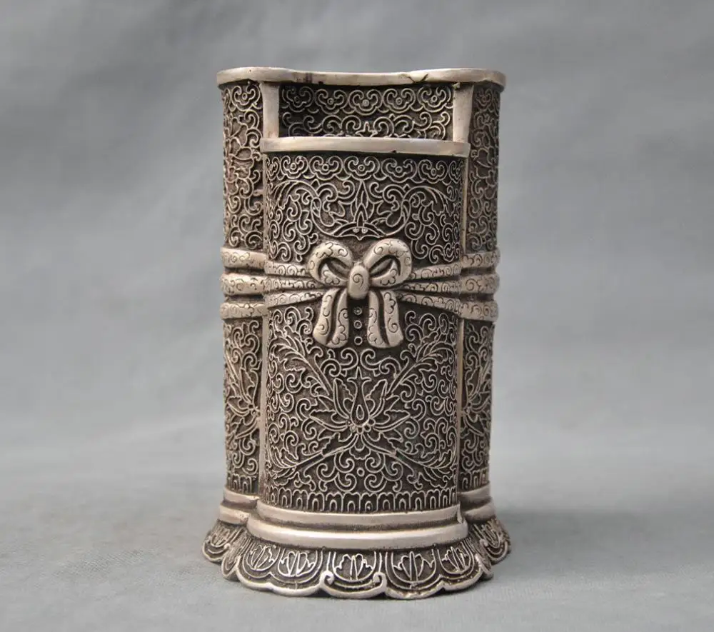 

SS 6" China Silver Bronze Bamboo Pen Container Brush Pot Carve Dragon