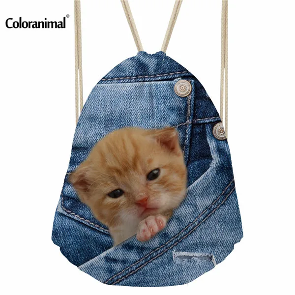 Coloranimal забавные синие джинсы с принтом собаки Drawstring Сумки Harajuku кошка узор плеча рюкзак Сумки для хранения Обувь для мальчиков Обувь для девочек школьная сумка - Цвет: CC1677Z3