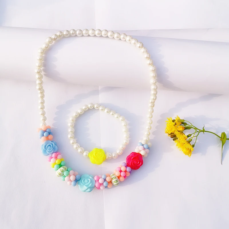 

2019 Fashion Pearl Flower Necklace Bracelet Set For Child Children Gift Acrylic Candy Bohemia Color Bracelets For Kid Jewelry