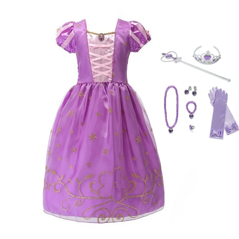 MUABABY платье Рапунцель с аксессуарами; комплект для девочек; летнее платье принцессы; детская одежда; нарядный костюм Белоснежки Софии - Цвет: Purple Dress Set