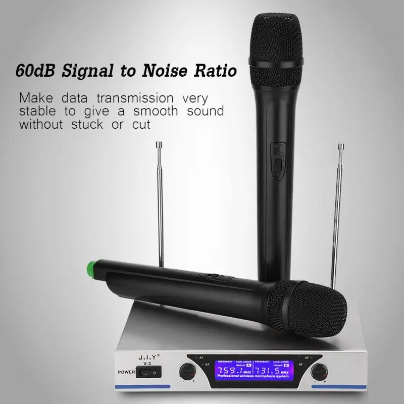 

V-3 VHF Dual Channels Wireless Microphone Mic System Hi-Fi Sound Wireless Mic System for KTV