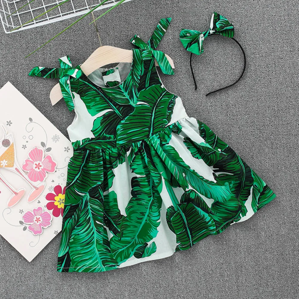 

Toddler Baby Girls Leaves Print Dress Straps Fashion Party Headband Beach Dress Sundress Robe Fille Hiver Unicorn Dress Girl