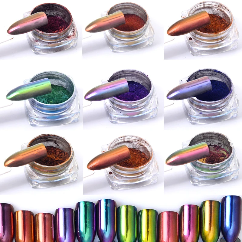 WUF 1 Box 0.3g Chameleon Mirror Nail Glitters Powder DIY Nail Chrome Pigment Dust Manicure Nail Art Decoration Tools