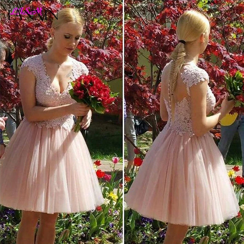 Горячие милые розовые короткие платья для выпускного вечера бальное платье иллюзия назад кружевные апликации из тюля женское платье на выпускной торжественные платья
