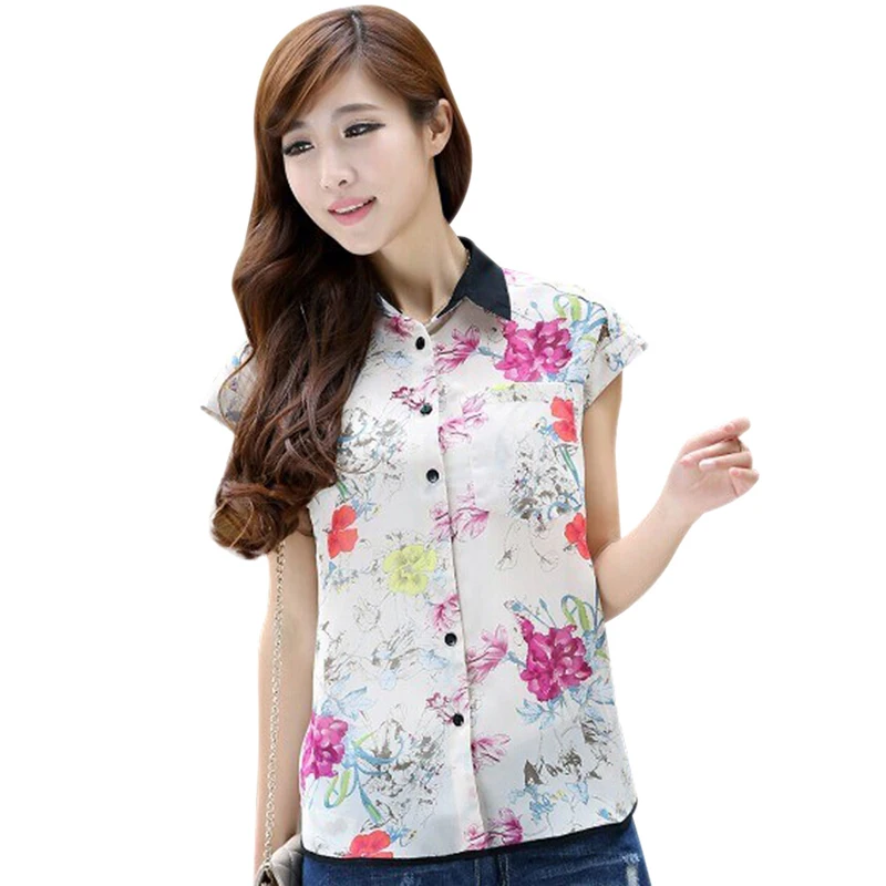 

CONTRAST TRIM FLORAL PRINTS DIPPED HEM CHIFFON BLOUSE TOP MULTICOLOR Freeshipping