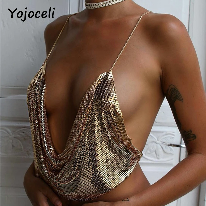 Yojoceli Bling Блестки Cami Top Для женщин Лето спинки укороченный Пляжный топ с глубоким v-образным вырезом на бретельках Топ