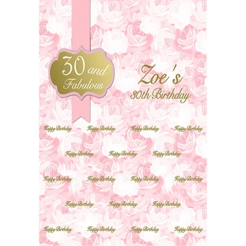 

Happy 30th Birthday Backdrop Customized Texts and Name Printed White Pink Flowers Party Themed Photo Booth Background Vinyl