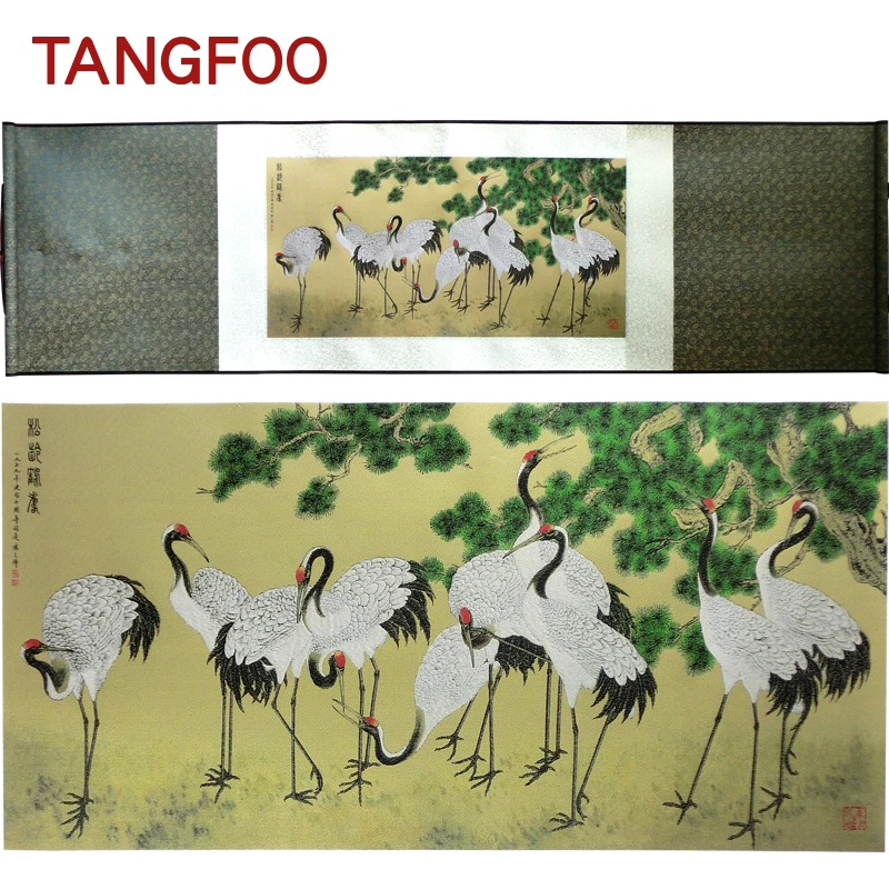 

Silk brocade Painting Pine Crane longevity Figure Gift Calligraphy for elders business celebration office home decoration paint