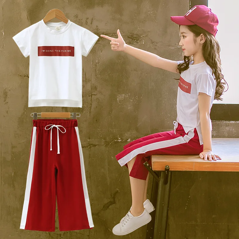 Soft Cotton Teenage Girls Clothing Set 2019 Summer Letter Print Tshirt Tops Pants 2-piece Kids Clothes Suit For Children Outfits (10)