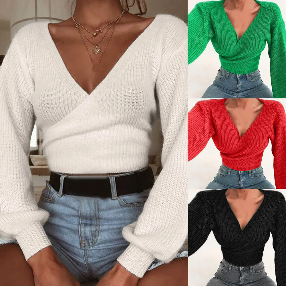 

Women Winter Casual Daily Acrylic Long Sleeve V-Neck Knitted Bandage Pullover Jumper Solid Top Drop Shipping