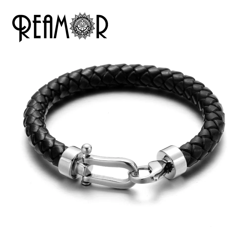 REAMOR Men Genuine Leather Braided Bracelet Bangles 316l Stainless Steel Lucky Horseshoe Lobster Clasp Bracelet Fashion Jewelry