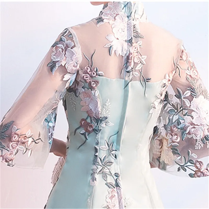 It's YiiYa Luxury Light Green Half Sleeve Floral Print Lace Cocktail Dress Knee-Length Formal Dress Party Gown MX022