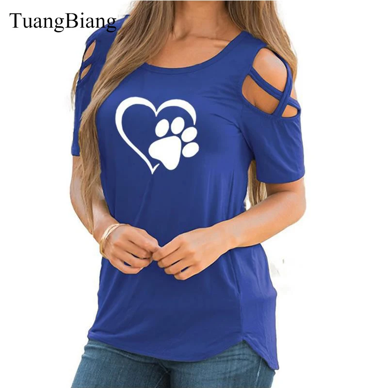 TuangBiang Для женщин летние с круглым вырезом футболка с коротким рукавом Свободные сексуальные Camiseta feminina красный футболки Женский Синий Топы с открытыми плечами