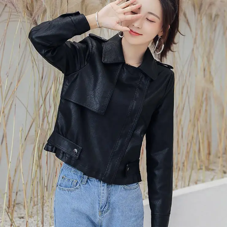 Retro black gray beige leather Locomotive jacket female street style big pockets leather jackets with belt wq2425