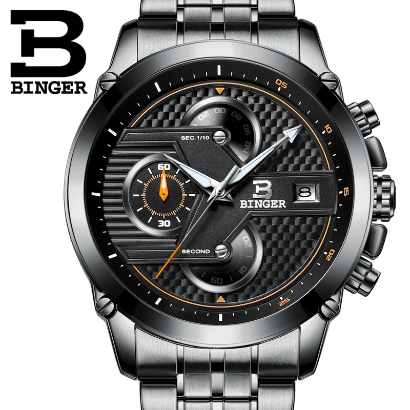 

Switzerland luxury watch BINGER brand quartz Men's Big Dial Designer Chronograph Water Resistant Wristwatches B-9018-3