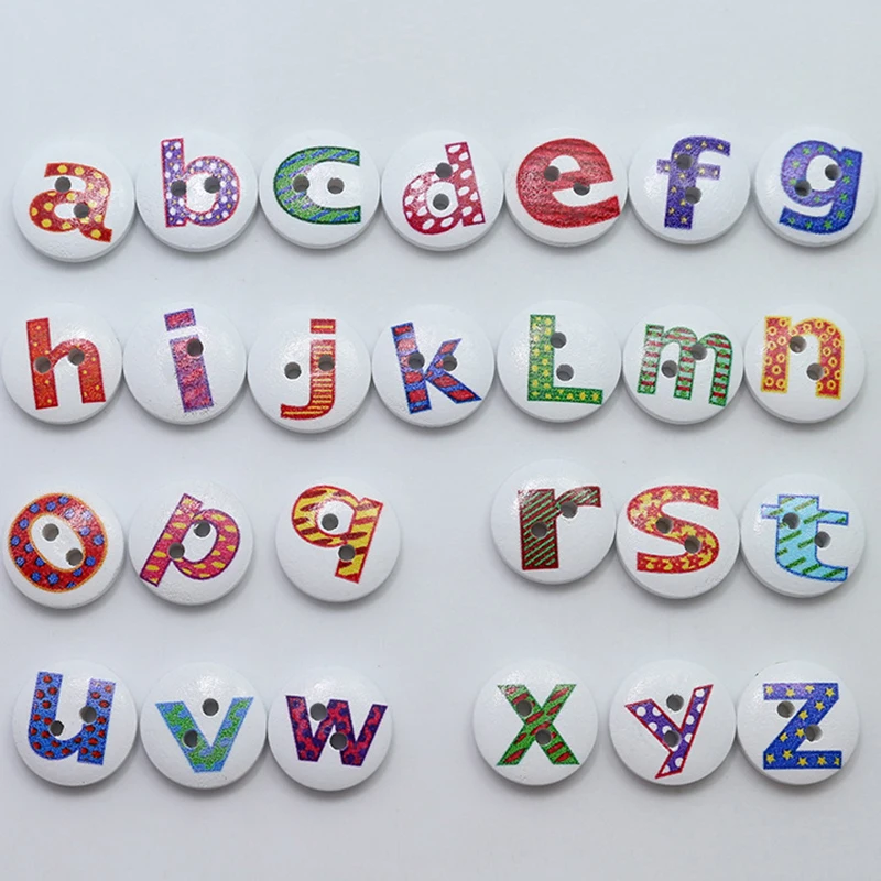 100pcs 2 Holes English Alphabet Cartoon Button Wooden Buttons for Clothing Sewing Craft Decorative Accessories