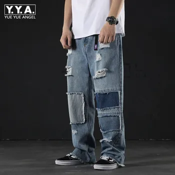

Hole Ripped Baggy Wide Leg Jeans Men Fashion Patchwork Straight Jeans Loose Fit Hip Hop Summer Denim Ankle Length Pants Blue