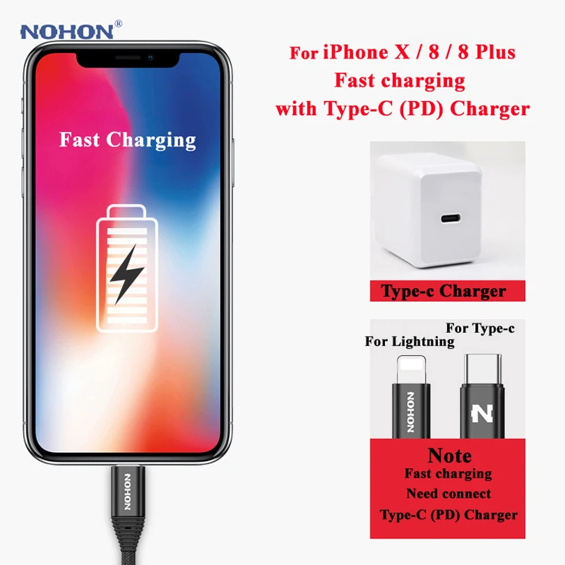 Кабель Nohon type C PD для Lightning iPhone X 8 Plus P pin кабели синхронизации данных 7 6S 6 5S 5 быстрая