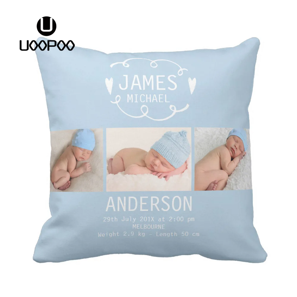 

Custom Cushion Cover Baby Birth Photo Pillow Case Boy and Girl Blue Pink Cushion Cover Polyester Pillow Cover For Children Room