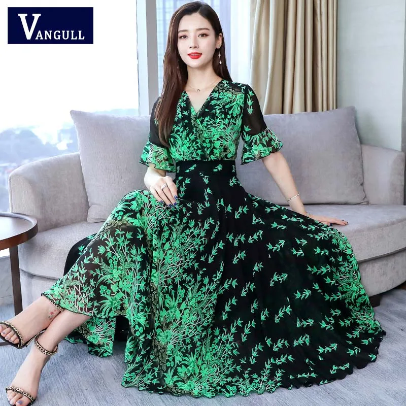 green leaves Элегантное женское платье Vangull с принтом листьев, летнее богемное пляжное платье макси для отдыха, сексуальное винтажное длинное Повседневное платье с v-образным вырезом Festa - Цвет: green leaves