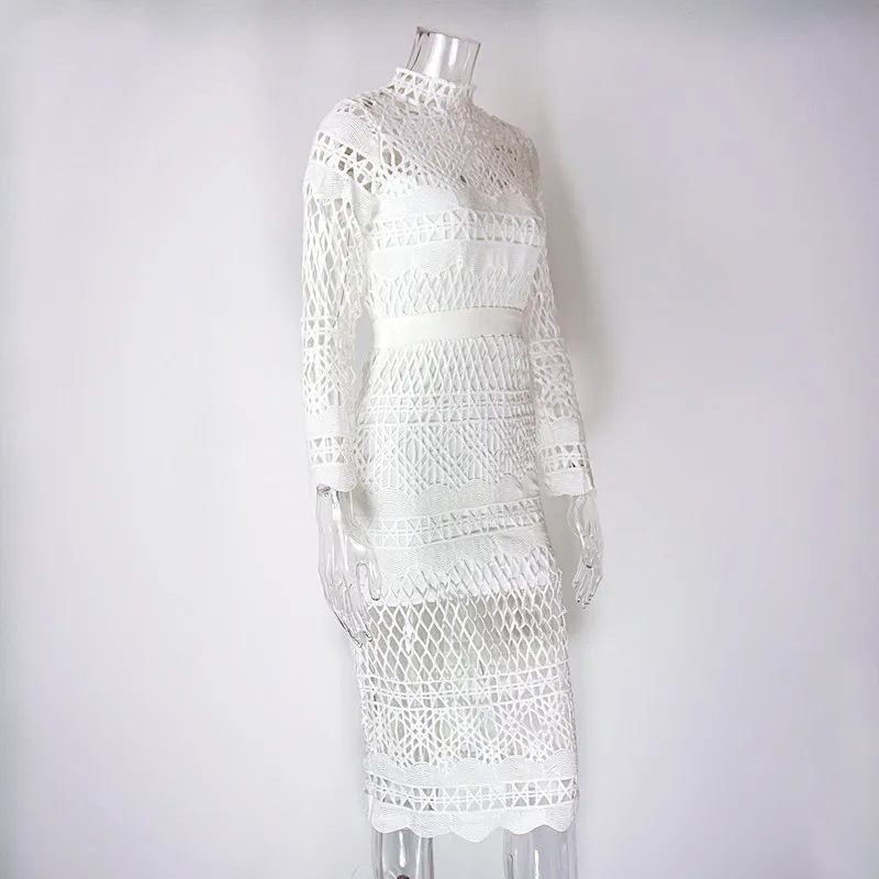 white lace crochet high neck midi dress