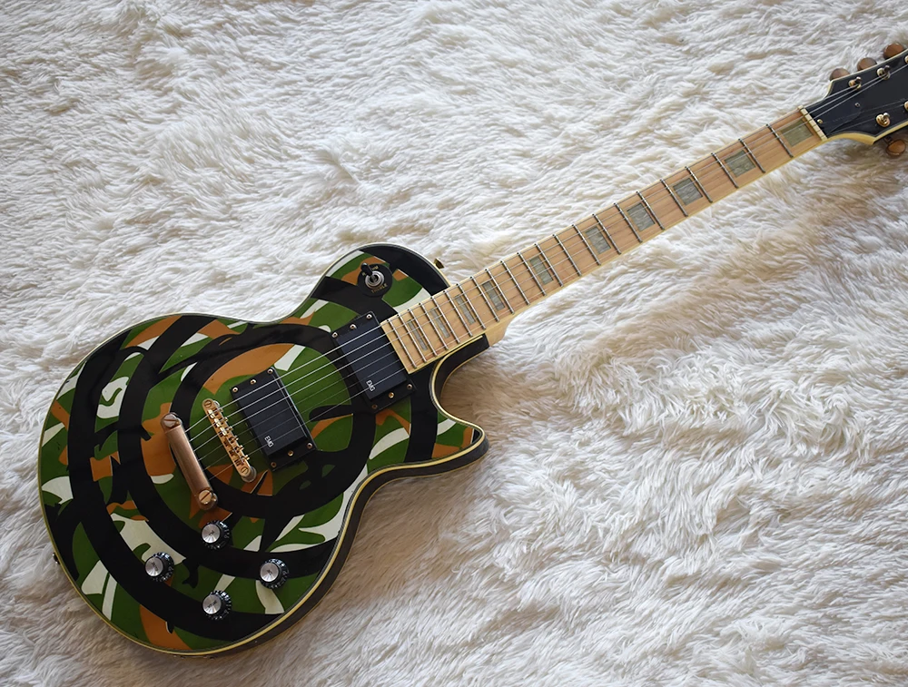 Factory Custom Electric Guitar with Camo Pattern,Gold Hardware,Block White Pearl Frets Inlay,High Quality,Can be Customized