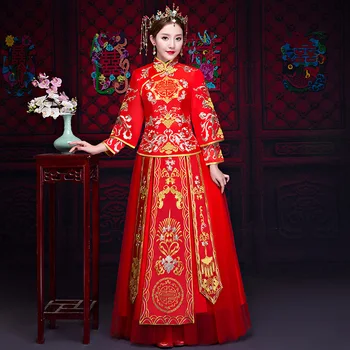 

Formal Women Red Wedding Cheongsam Traditional Full Length Bride Marriage Suit Chinese Style Evening Dress Vintage Hanfu Qipao