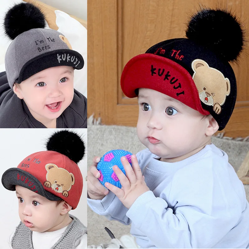 

Children's Baseball Hat For Boys Girls Fashion Cute Hair Ball Hats Autumn Winter Warm Wool Dome Cap Alphabet Duck Tongue Caps