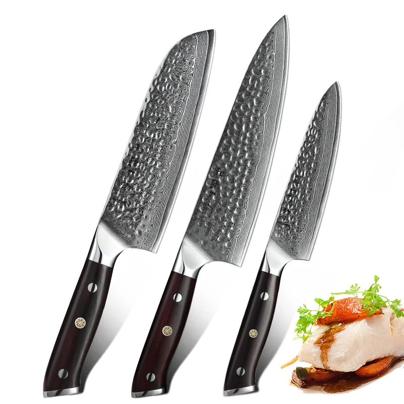

HEZHEN 3PCS Set Kitchen Cutlery VG10 Damascus Steel Knife Chef Santoku Utility Paring Cook Tool with Madagascar Dalbergia Handle