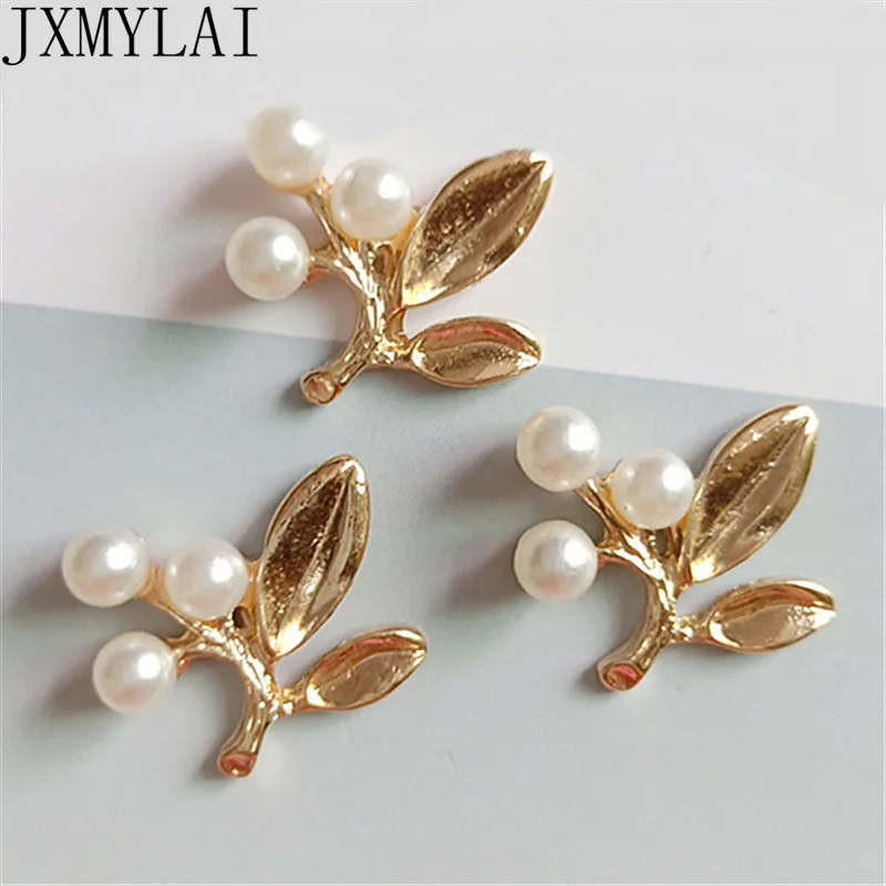 

10 PCS 2.1cm*2.2cm Fashion Metal Alloy KC Gold Imitation Pearl Leaves Connectors Charm For Jewelry Making