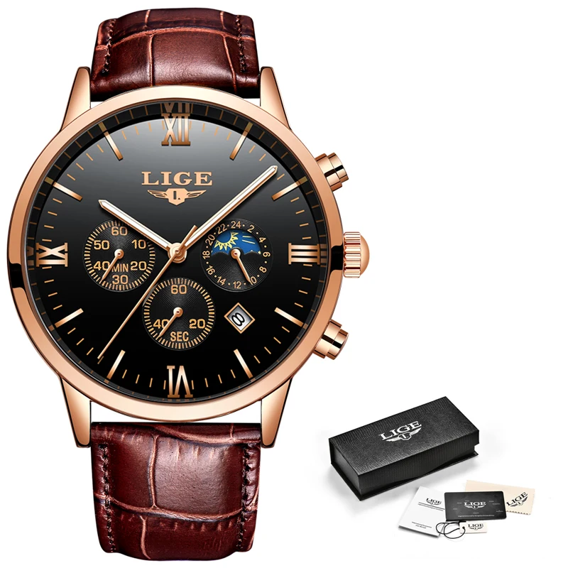 LIGE Mens Watches Top Brand Luxury Fashion Watch Men Leather Quartz Clock For Male Auto Date Rose Gold Shell relogio masculino