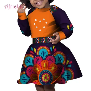 

2019 African Cute Girl Long Sleeve Suits Cotton Africa Print Top and Knee Smart BadySkirt with Heart Shape Pealrs Clothes WYT302