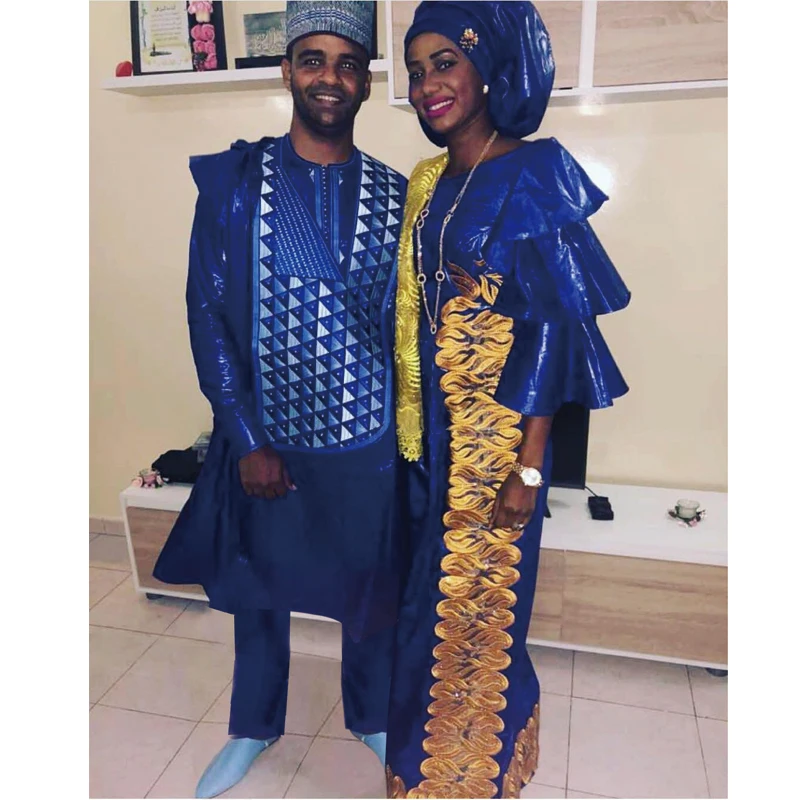 

H&D men african clothes blue agbada suit cover shirt pants 3 pieces set no cap dashiki robe embroidery african pattern PH3307