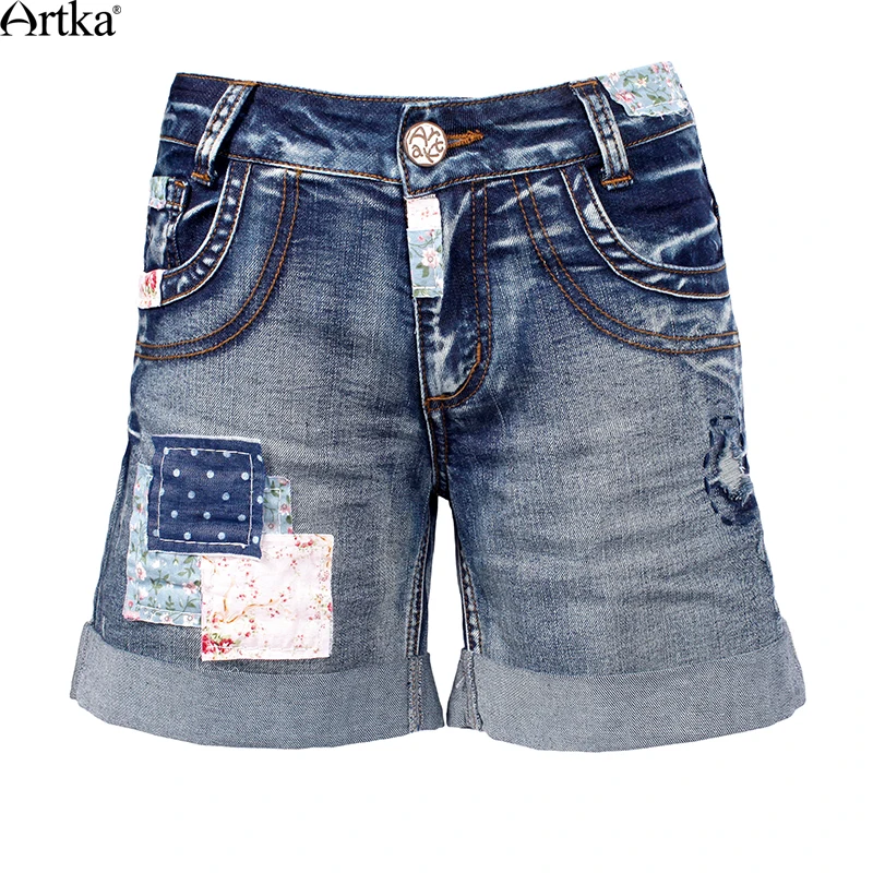 ARTKA женские летние Новые лоскутные прямые шорты из джинсовой ткани винтажные