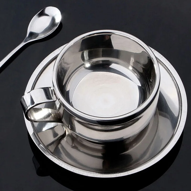 المطبخ Coffeeware مجموعة مزدوجة جدار الفولاذ المقاوم للصدأ طقم فناجين قهوة ، 1 قطعة القهوة كوب + 1 قطعة حصيرة + 1 قطعة ملعقة خلط لوازم