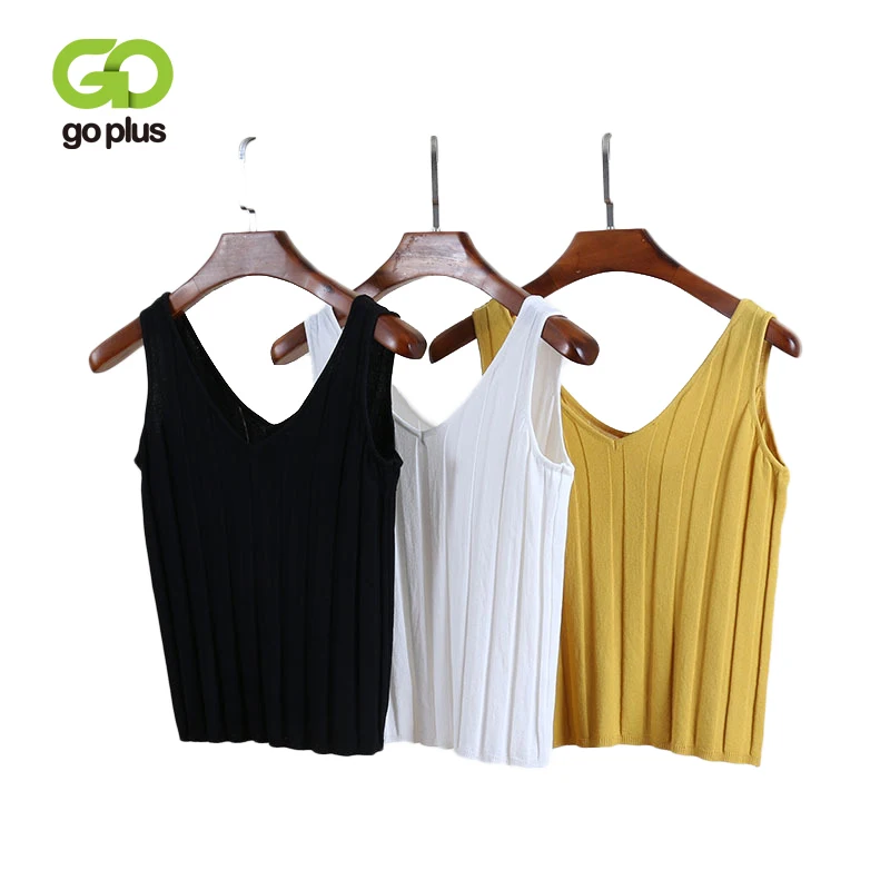 

GOPLUS 2019 New V Neck Tank Tops Female Summer Fashion Solid Camis Women Hight Quality Knitted Tops Short Striped Knit Clothing