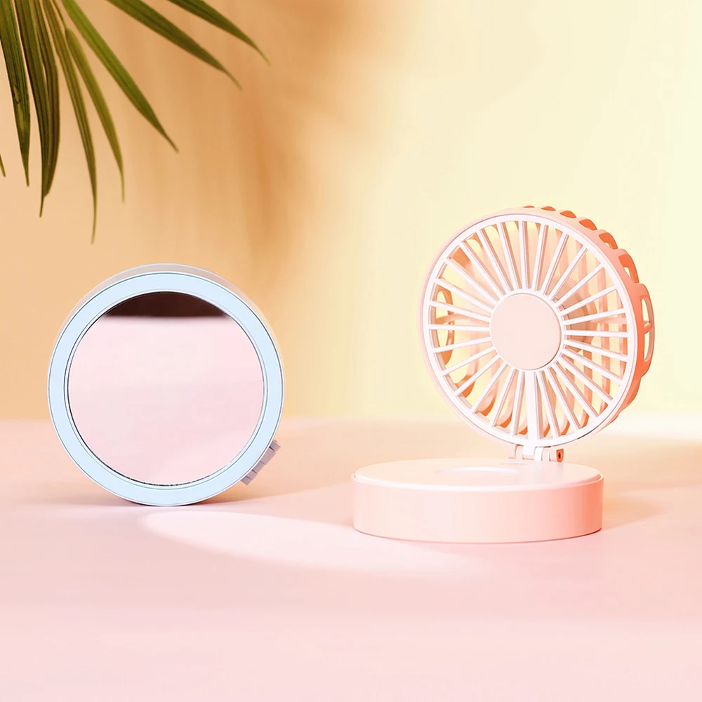 

2in1 Pocket Makeup mirror Fold-able Handheld Fan Cooling Electric Mirror Cooler Fan MINI mirrors portable compact toilet J11