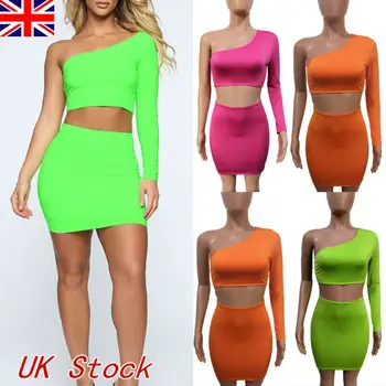 

Hirgin Womens 2 Piece Bodycon Crop Top + Skirt Set Bandage Dress Party Long Sleeve UK