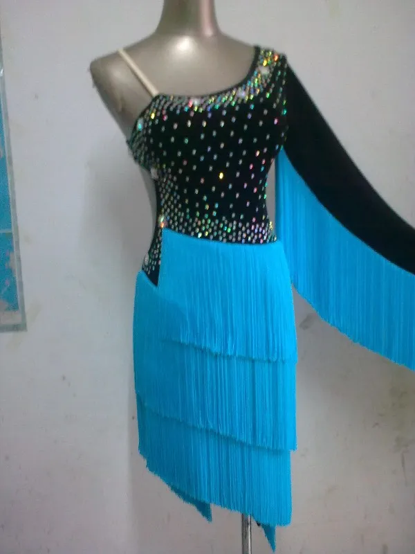 

New Latin dance costume sexy senior single sleeves tassel latin dance competition dress for lady child latin dance dress S-4XL