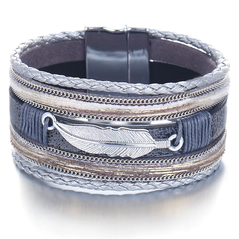 

Vintage Light Blue Leather Wide Charm Bracelet For Women Feather Shape Femme Wrap Bangles Bracelet Female Jewelry 2019 New