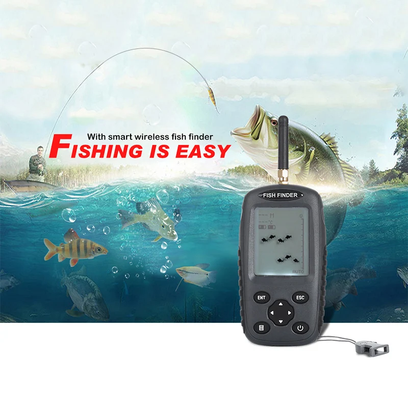 

Binrrio FF998 Wireless Fish Finder 40M Depth 125KHz Sonar Sensor Echo Sounder Fish Alarm Fishing Finder with LED Backlight