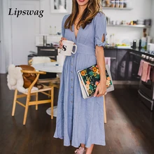 Lipswag летнее вечернее платье с глубоким v-образным вырезом и разрезом, женское элегантное платье с коротким рукавом, повседневное пляжное длинное платье на пуговицах Vestidos
