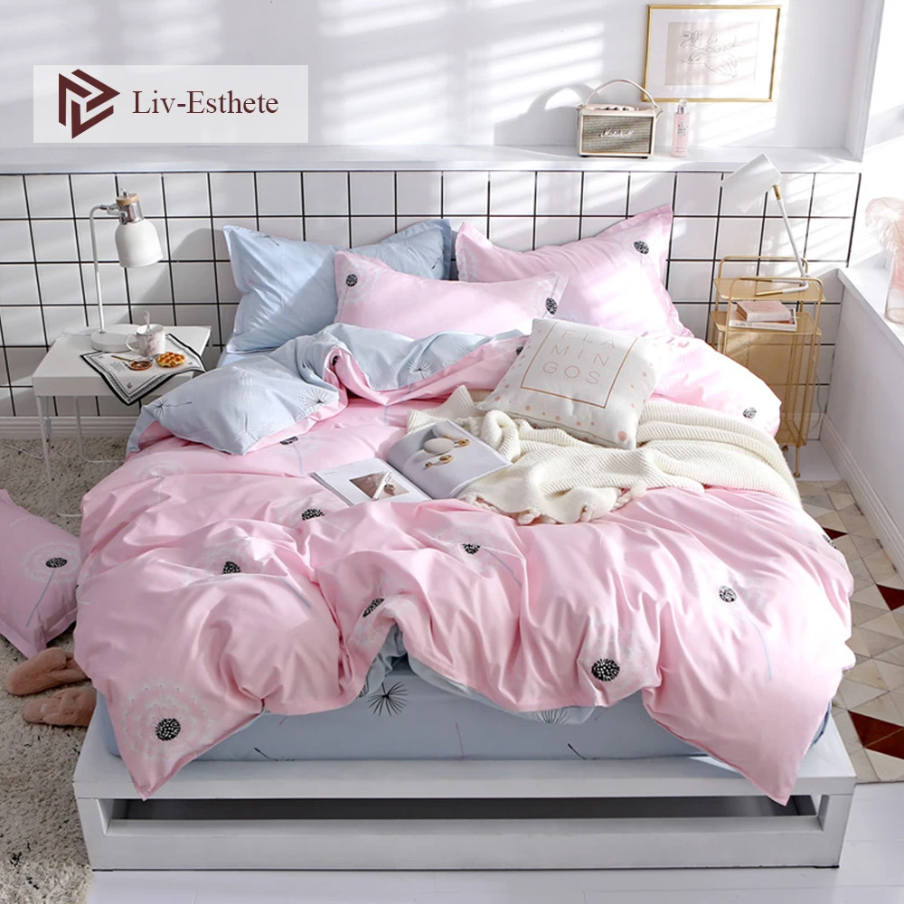 

Liv-Esthete Fashion Dandelion Pink Bedding Set Blue Soft Duvet Cover Pillowcase Fitted Sheet Decor Bed Linen Adult Bedspread