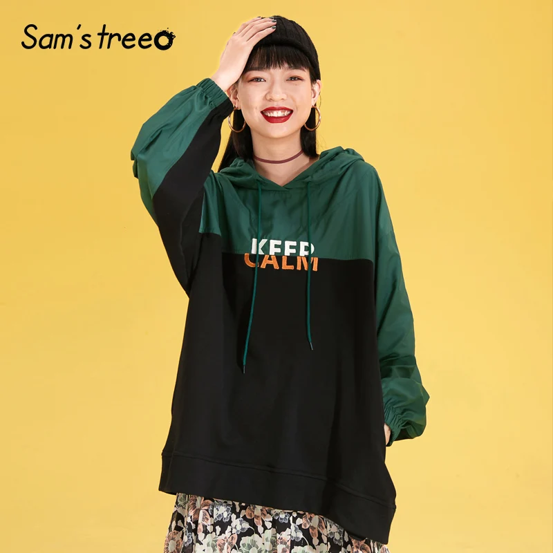 

Women Oversize Letter Embroidery Sweatshirts Female Long Sleeve Safari Style Patchwork Hoodies Casual Green Long Hooded Pullover