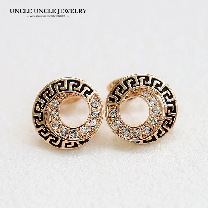 

Rose Gold Color Retro Rome Element Round Style Rhinestones Setting Woman Stud Earrings Wholesale Gift