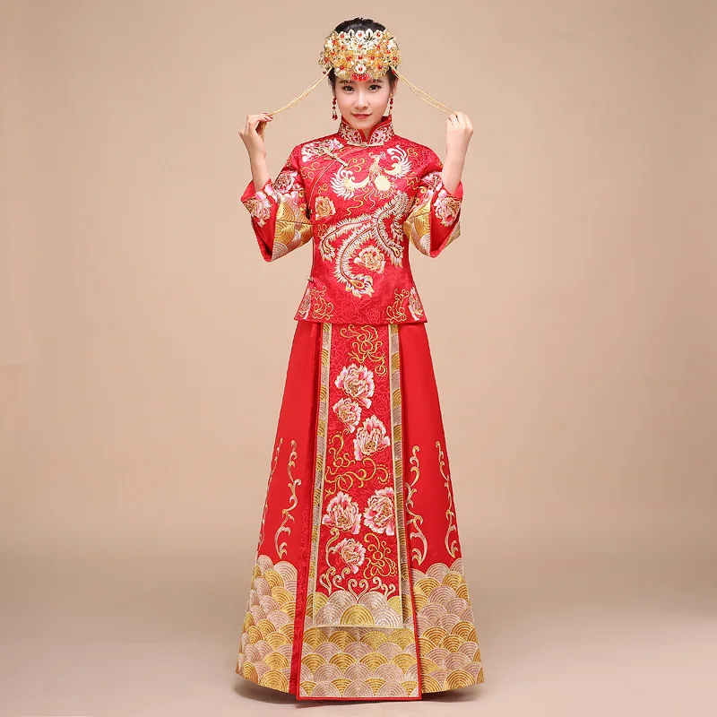 Большой Размер 3XL 4XL древнее женское свадебное платье красная вышивка цветочный Китайский Свадебный костюм Cheongsam классический длинный Qipao