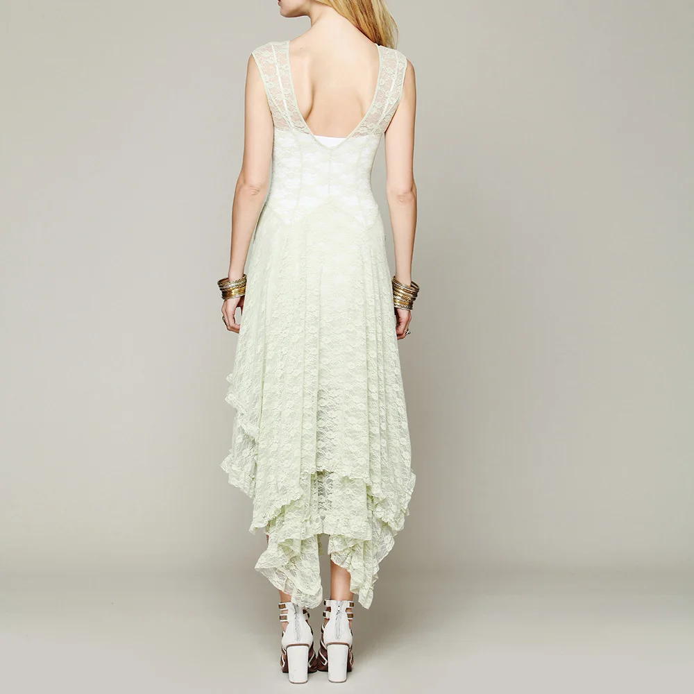 Платье в стиле бохо ассиметричное кружевное платье с вышивкой Двухслойное