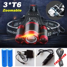 12000 Lumen Headlight LED CREE XML 3*T6 Zoom Headlamp X900 Flashlight Torch Head Lights Lamp +2*18650 Battery+AC/Car/USB Charger