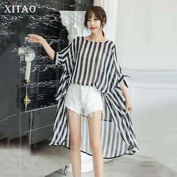 

XITAO Chiffon Irregular Blouse Striped Perspective Slim Bow Wild Joker O Neck Pullover Swallowtail Elegant Korea WLD1594
